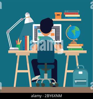 Student am Schreibtisch, Lernen mit dem Computer. Konzeptdarstellung in flacher Ausführung, Online-Lernen, Bildung, Büroarbeit, Schule oder Universität Stock Vektor