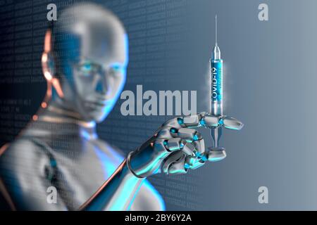 Roboter mit COVID-19 Impfspritze Stockfoto
