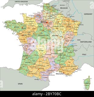 Frankreich - sehr detaillierte editierbare politische Karte mit Beschriftung. Stock Vektor