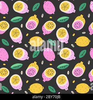 Lemon Doodle Muster, helle süße Zitrusfrüchte Zeichnung im skandinavischen Stil, Sommer Lebensmittel Hintergrund, nahtlose Vektor-Textur, Zitronenhälften mit Samen Stock Vektor