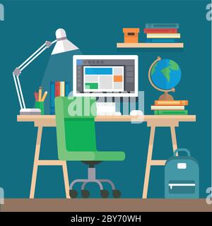 Lernen und Bildung, Konzeptdarstellung mit Schreibtisch mit Büchern, Computer. Online-Lernen, Abschluss, zurück in die Schule, Schule, Universität. Vektor Stock Vektor