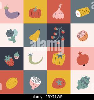 Food Pop Art Poster, Gemüse und Obst handgezeichnet Illustration, quadratische Blöcke mit Pfeffer, Tomaten, Birnenfrüchte, moderne Küche drucken Dekoration Stock Vektor