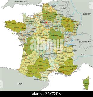Sehr detaillierte editierbare politische Karte mit getrennten Ebenen. Frankreich. Stock Vektor