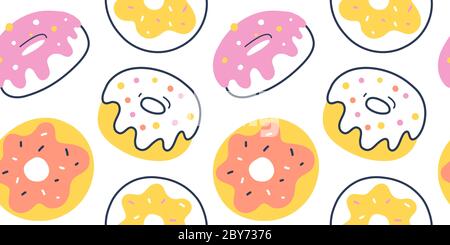 Donut Muster, verschiedene glasierte Donuts mit streuen, nahtlose Vektor Hintergrund, Zucker Fast Food Illustration, Doodle Zeichnung, gebratenen Teig Dessert mit Stock Vektor