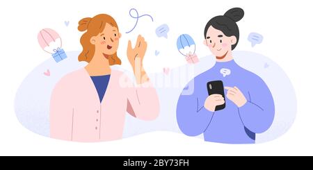 Empfehlung Freund Konzept, Frauen teilen Loyalität refferal Programm Links, um eine Belohnung, Geschenk, Online-Marketing, Treueprogramm für Kunden, Charaktere zu erhalten Stock Vektor