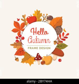 Hello Herbst Rahmen in flacher Form. Rahmen mit verschiedenen Blättern, Pilzen, Nüssen, Beeren. Vorlage für Vektorgrafik Stock Vektor