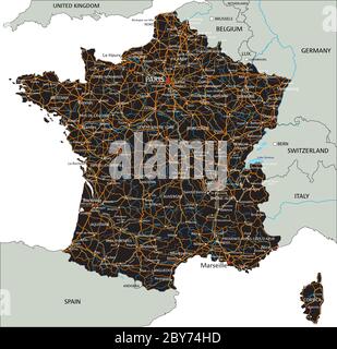 Detaillierte Frankreich-Straßenkarte mit Kennzeichnung. Stock Vektor