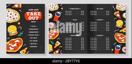 Fastfood-Menü, Vektorbroschüre Layout, Restaurant-Menü Vorlage, amerikanische und italienische Küche, Pizza, Hamburger und Soda, trendy Doodle Cartoon Stock Vektor