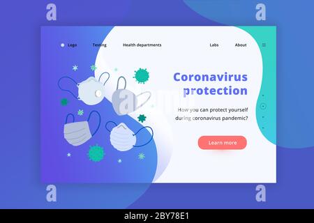 Сoronavirus Banner mit medizinischen Gesichtsmasken und Atemschutzmasken, Schutz vor Ausbruch von Covid-19. Vektor-Banner-Vorlage Layout, vorgefertigte Website Stock Vektor
