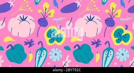 Gemüsemuster, Landwirtschaft Obst Lebensmittel Illustration, Landwirtschaft Tomaten, Paprika und Brokkoli Zeichnung, moderne Zeichnung mit trendigen ungewöhnlichen Farben Stock Vektor