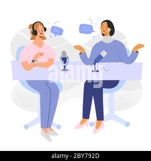 Podcast-Host mit Gast, Frauen diskutieren und Aufnahme eines Programms, Comic-Figuren, Zusammenarbeit von Bloggern Inhalte mit Mikrofonen Stock Vektor