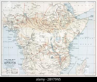 Karte mit den Sklavenhandelsgebieten und -Routen des äquatorialen Afrikas, erstellt von Ernst Georg Ravenstein, gestochen von John Bartholomew. Nach einer Karte im Buch, Kiunangi: Or, Geschichte und Geschichte aus Zentralafrika, geschrieben von Boys in the Schools of the Universities Mission to Central Africa herausgegeben von Missionar und Linquist Arthur Cornwallis Madan und veröffentlicht in London 1887. Stockfoto