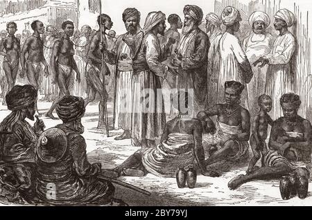 Sklavenhändler und Sklaven in Sansibar, heute Tansania. Nach einer Arbeit eines unbekannten Künstlers in der Ausgabe der Graphic vom 3. Mai 1873 Stockfoto