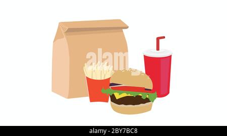 Vektor isoliert Illustration eines Burger Take Away Set, mit Burger, einem Papier-Take-Away-Beutel, Pommes, Ketchup und Senfflaschen und einem Trinkbecher mit a s. Stock Vektor