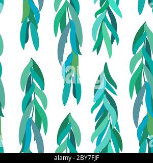 Abstrakt, schön, strukturiert grünen Hintergrund aus Weidenblättern. Verschiedene Blätter von grün-blauen Schattierungen, Algen, Gras, Frühling Winterschlaf. Stock Vektor