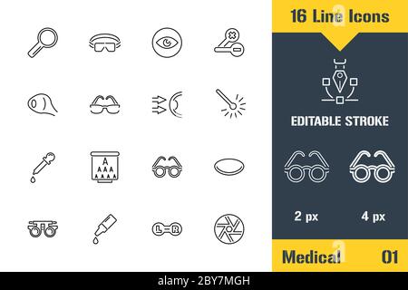 Medizinische Augenheilkunde, Augen Gesundheit. Symbol für dünne Linie - Abbildung des flachen Vektorgrafiken „Kontur“. Bearbeitbares Strichpiktogramm. Hochwertiges Grafikkonzept für Stock Vektor