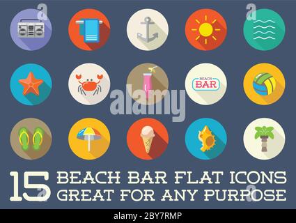 Set von Vector Beach Sea Bar Flat Icons Elemente und Sommer kann als Logo oder Symbol in Premium-Qualität verwendet werden Stock Vektor
