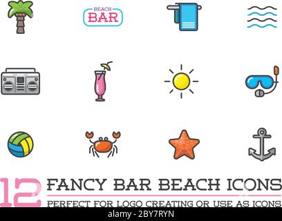 Set von Vector Beach Sea Bar Flat Icons Elemente und Sommer kann als Logo oder Symbol in Premium-Qualität verwendet werden Stock Vektor