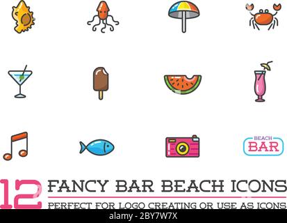 Set von Vector Beach Sea Bar Flat Icons Elemente und Sommer kann als Logo oder Symbol in Premium-Qualität verwendet werden Stock Vektor