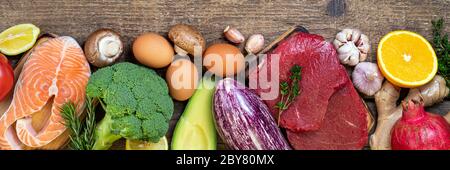 Gesunde Ernährung Hintergrund. Auswahl an ausgewogenen Lebensmitteln für eine gesunde Ernährung. Frisches Fleisch Rindfleisch Steaks, Fisch Lachs, Obst, Gemüse. Langes Webformat, oben Stockfoto