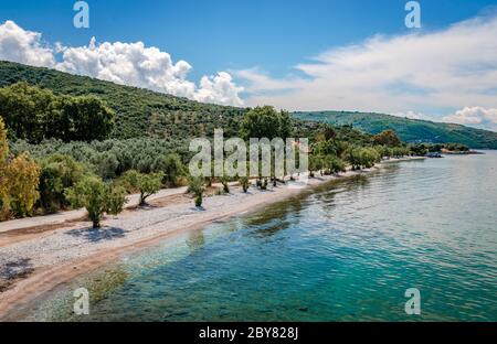 Razi Strand: Ein malerischer kleiner Strand zwischen Lefokastro und Afissos, im Nordwesten von Pelion, Griechenland. Kristallklares Wasser, Tamarisken und Olivenbäume. Stockfoto