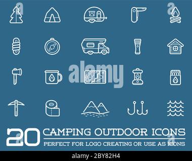 Set von Vector Camping Camp Elemente und Outdoor Activity Icons Illustration kann als Logo oder Icon in Premium-Qualität verwendet werden Stock Vektor
