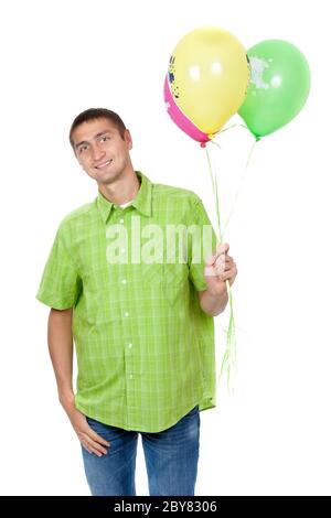 Glücklich älterer Mann mit bunten Luftballons feiert seinen Geburtstag Stockfoto