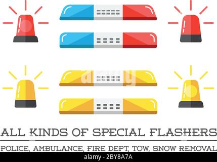 Spezielle Blinker der Notabteilung Polizei Feuerwehr Ambulanz Unfall Tow Schnee Entfernung Stock Vektor