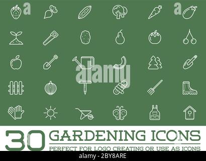 Set von Vektor Garten und Bauernhof Elemente und Obst oder Gemüse Icons Illustration kann als Logo oder Symbol in Premium-Qualität verwendet werden Stock Vektor