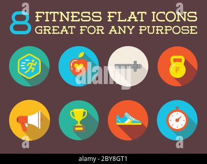 Set von Vector Fitness Aerobic Gym Elemente und Fitness Icons Illustration kann als Logo oder Icon in Premium-Qualität Flat Icons Style verwendet werden Stock Vektor