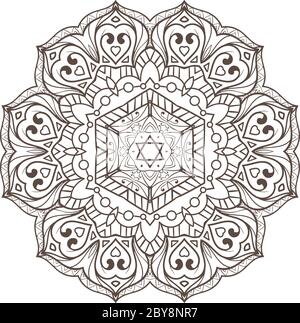 Ethnische Fraktale Mandala Vektor Meditation sieht aus wie Schneeflocke oder Maya Azteken Muster oder Blume isoliert auf Weiß Stock Vektor