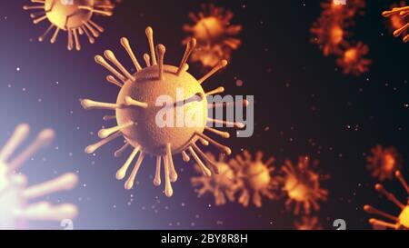 Viruszellen. 3D-Abbildung zur Grippeinfektion mit Coronavirus. Mikroskopische Ansicht von schwimmenden Viruszellen dunkelorangefarbener Hintergrund Stockfoto
