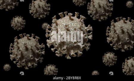 Viruszellen. 3D-Abbildung zur Grippeinfektion mit Coronavirus. Mikroskopische Ansicht von schwimmenden Viruszellen. Stockfoto