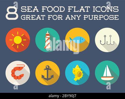 Set von Vektor-Sea Food Elemente und Meer Zeichen Illustration kann als Logo oder Symbol in Premium-Qualität Flat Icons verwendet werden Stock Vektor