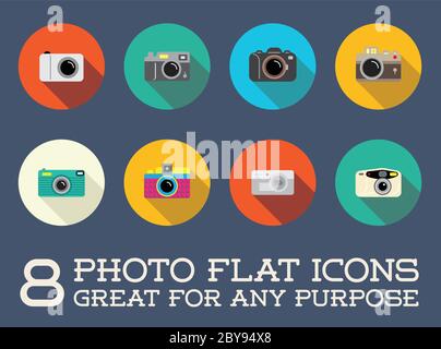 Set von Vektor-Foto-Kamera Fotografie Elemente und Videokamera Icons Illustration kann als Logo oder Symbol in Premium-Qualität Flat Icons Style verwendet werden Stock Vektor