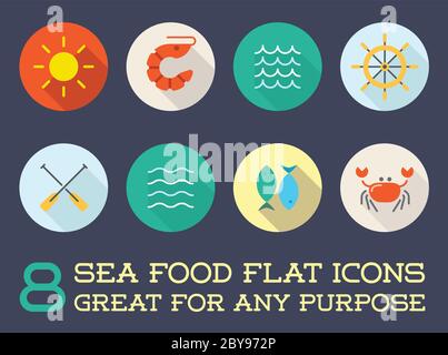 Set von Vektor-Sea Food Elemente und Meer Zeichen Illustration kann als Logo oder Symbol in Premium-Qualität Flat Icons verwendet werden Stock Vektor