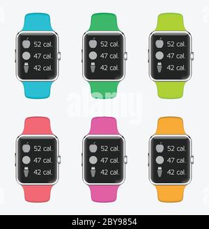 Trendy bunte Vektor-Illustration Icons Set von Smart Watch mit Smart Interface Stock Vektor