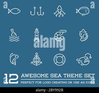 Set von Vektor-Sea Food Elemente und Meer Zeichen Illustration kann als Logo oder Symbol in Premium-Qualität verwendet werden Stock Vektor