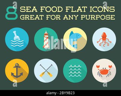 Set von Vektor-Sea Food Elemente und Meer Zeichen Illustration kann als Logo oder Symbol in Premium-Qualität Flat Icons verwendet werden Stock Vektor