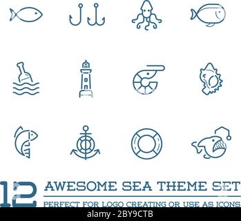 Set von Vektor-Sea Food Elemente und Meer Zeichen Illustration kann als Logo oder Symbol in Premium-Qualität verwendet werden Stock Vektor