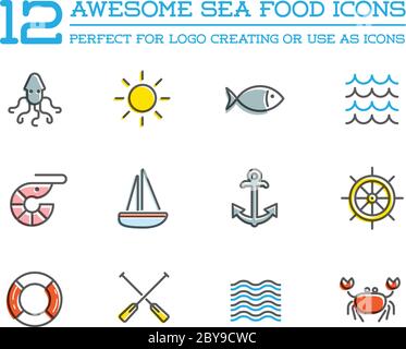 Set von Vektor-Sea Food Elemente und Meer Zeichen Illustration kann als Logo oder Symbol in Premium-Qualität verwendet werden Stock Vektor