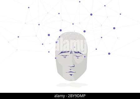 Menschliches Gesicht und großes Netzwerk persönlicher sozialer Verbindungen. Neuronale Schnittstelle und Kontrolle, Konzept. Kopf einer Person mit geschlossenen Augen, lineares Diagramm. Stock Vektor