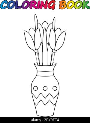 BLUMEN in Vase - Malvorlagen. Arbeitsblatt. Spiel für Kinder - Malbuch. Vektor Cartoon Illustration. Stock Vektor