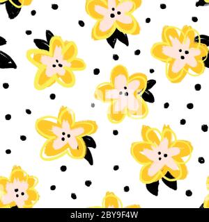 Malerisch Doodle Blumen Gold gelb orange schwarz nahtloses Muster. Wiederholen modernen abstrakten Hintergrund. Stockfoto