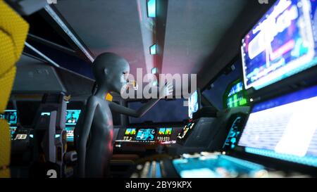 Alien im Raumschiff. Hand mit Erde Planeten ausstrecken. UFO futuristisches Konzept. 3d-Rendering. Stockfoto