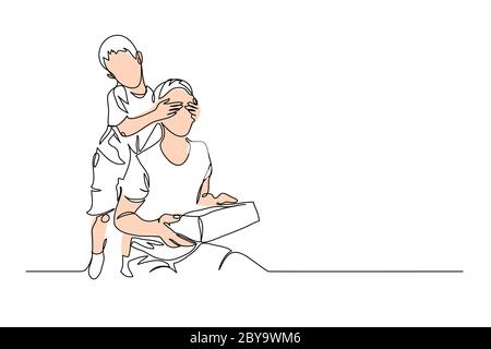 Sohn macht seinem Vater ein Geschenk oder Geschenk. Ein durchgehendes Strichzeichnung Banner, Hintergrund, Poster. Happy Father Day Einfache Vektor-Illustration von Sohn Stock Vektor