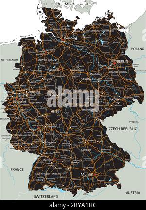 Detaillierte Deutschland-Straßenkarte mit Kennzeichnung. Schwarz. Stock Vektor