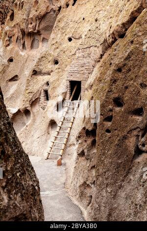 NM00618-00...NEW MEXICO - Klippenwohnungen, Talushäuser, entlang des Main Loop Trail im Bandelier National Monument. Stockfoto