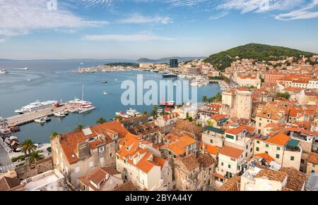 Split Waterfront Panorama Luftaufnahme, Dalmatien, Kroatien Stockfoto