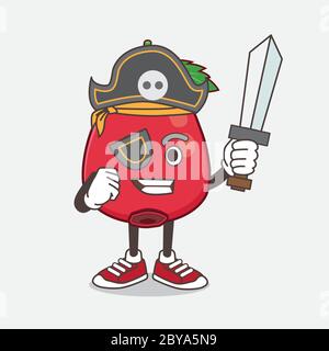 Eine Illustration von Rose Hip Obst Cartoon Maskottchen Charakter im Piratenstil und trägt Hut und Schwert Stock Vektor